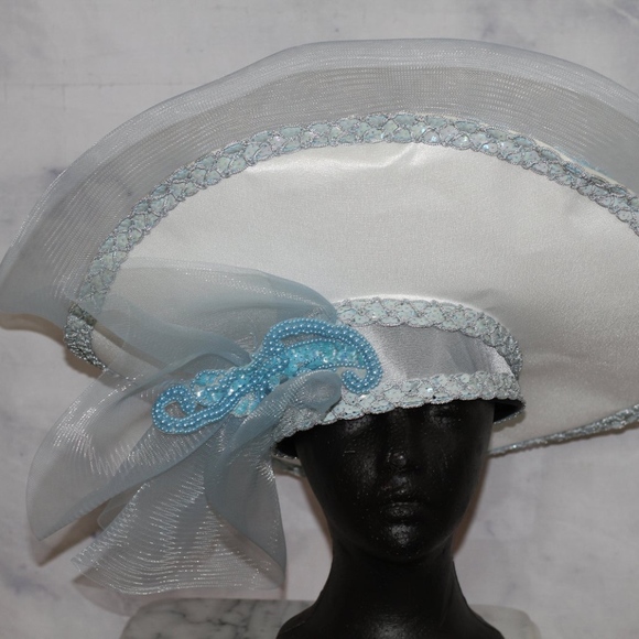 White & Blue Satin Large Brim Bowler Hat (7 3/